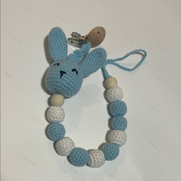 Hand Made Blue and White Bunny Pacifier Clip - Picture 3 of 5